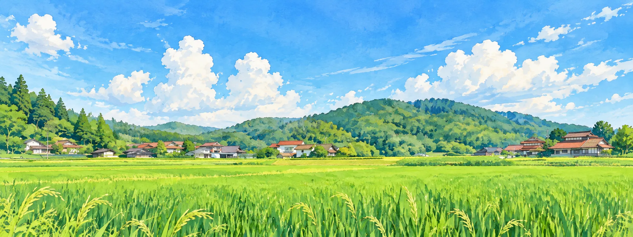 水彩スケッチ：夏の青空と入道雲の下、山のふもとに瓦屋根の家並みと青々とした田んぼが広がる里山の風景