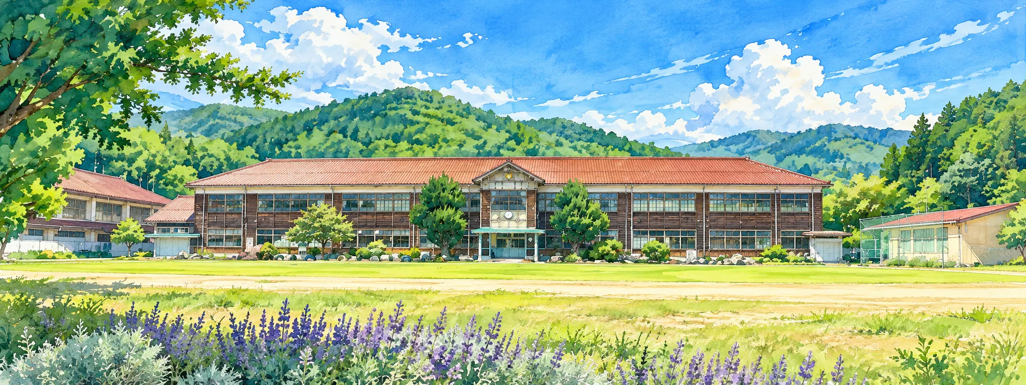 水彩スケッチ：緑の山々を背に、赤い屋根の木造校舎と広い校庭、手前にラベンダーが咲く風景